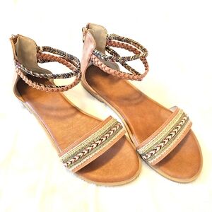 Sz 10 Boho Zip Back Braided Strappy Flat Sandals Brown/Gold/Multi Colors